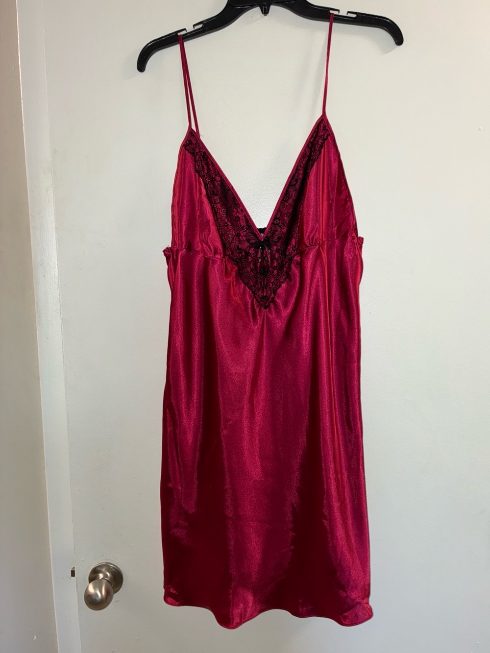 Silky Burgundy Satin Slip with Black Lace V-Neck